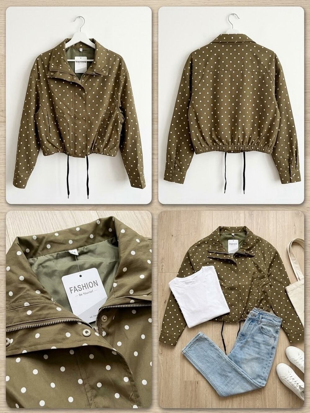 FASHION Women's Green/White Polka Dot Short Zip-Up Jacket Collared M